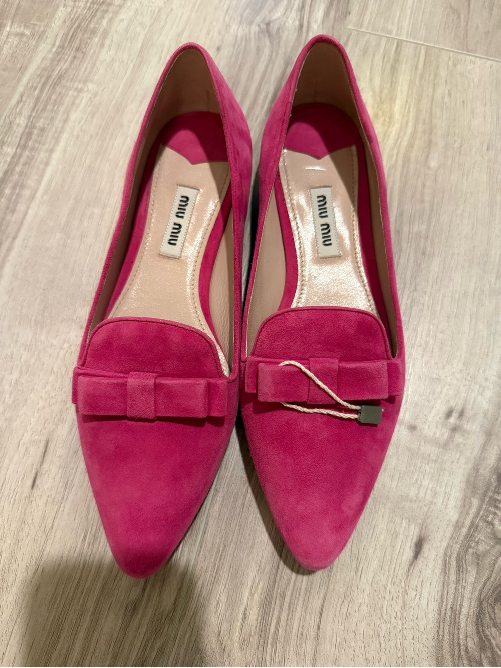 Miu Miu Hot Pink Suede Pointed-Toe Loafers with Bow